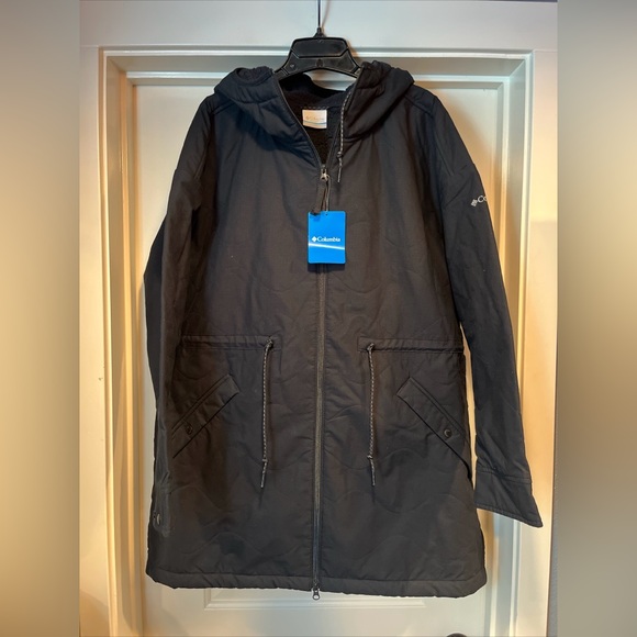 Womens Large Columbia Crystal Crest Quilted Jacket Black Hooded Sherpa Lined - Picture 1 of 16